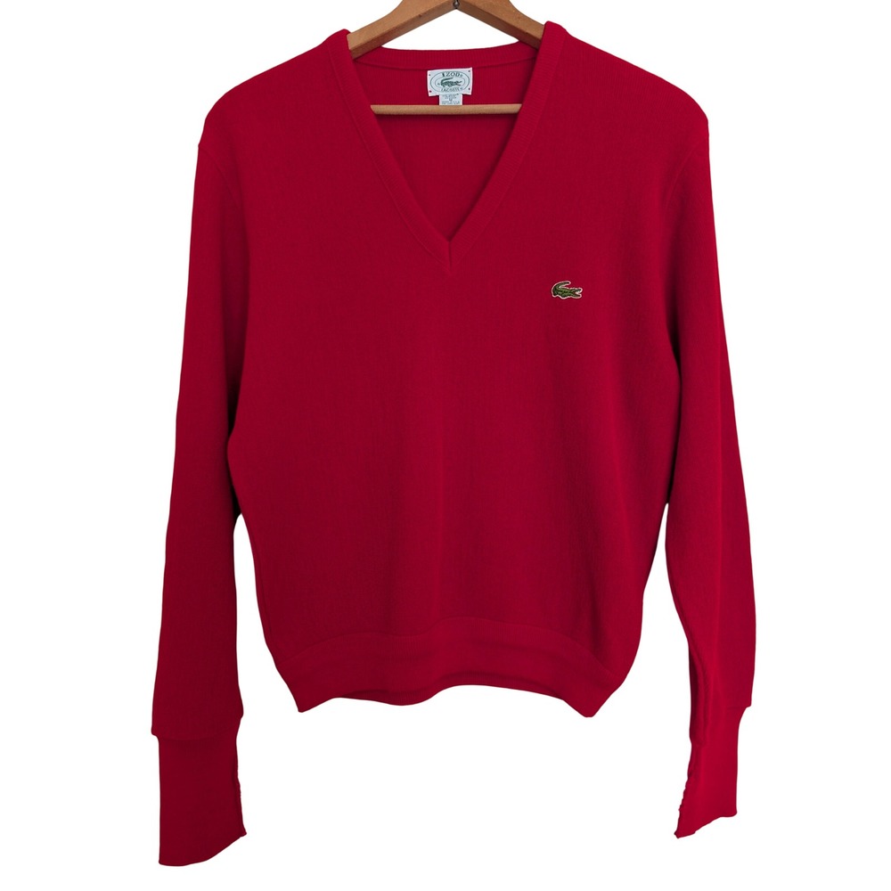 Vintage 80s Izod Lacoste V Neck Knit Sweater Men Medium Red Tennis Prep‎ Grandpa